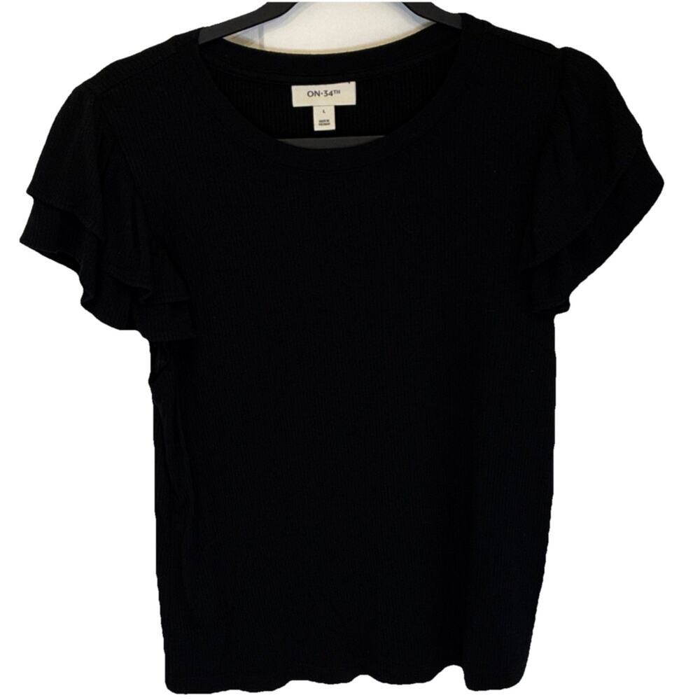 ON 34TH Women's Black Ribbed Knit Top Size L Ruffle Short Sleeve Soft Stretch
